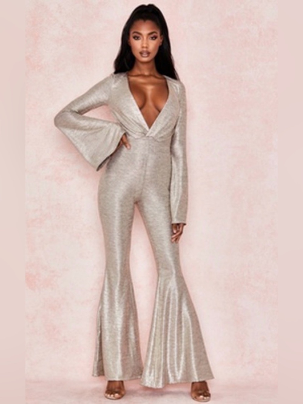House of CB Metallic Champagne Deep-V Bell-Sleeve Flared Jumpsuit